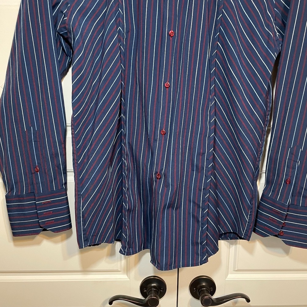 Roar Button Down Shirt Mens XL‎ Navy Blue Burgundy Striped Long Sleeve Excellent - Picture 10 of 11